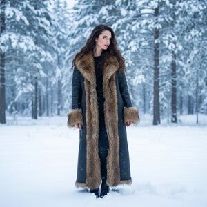 Vintage PENNY LANE Black Leather Fur Lined Long Midi Coat Bohemian Boho Small